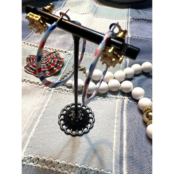 Vintage Hoop Pierced Earrings Patriotic Holiday Jewelry 1.5" Red White Blue - Picture 12 of 13